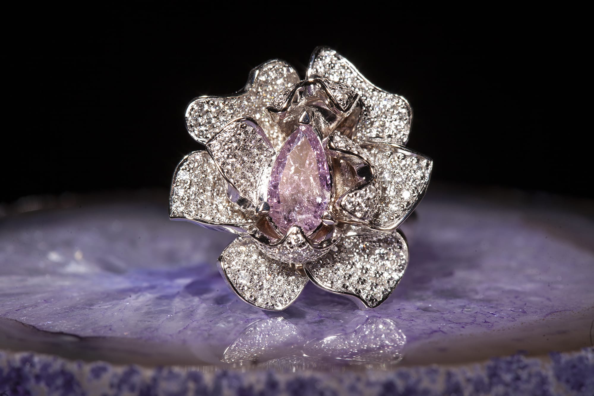 Close-up of a rare pink stone ring